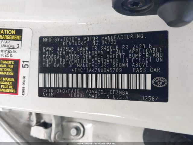 4T1C11AK7NU045769 Toyota a25a-fks