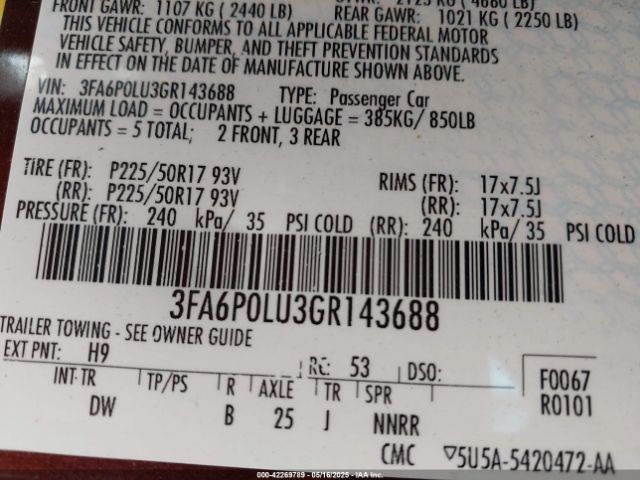 3FA6P0LU3GR143688 Ford Fusion Hybrid Se