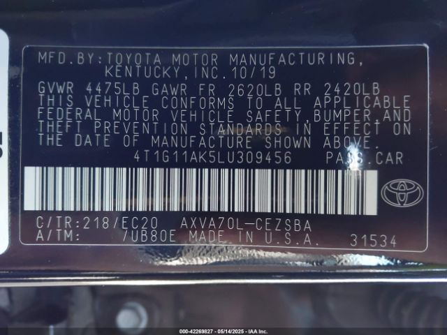 4T1G11AK5LU309456 Toyota Camry Se Nightshade Edition
