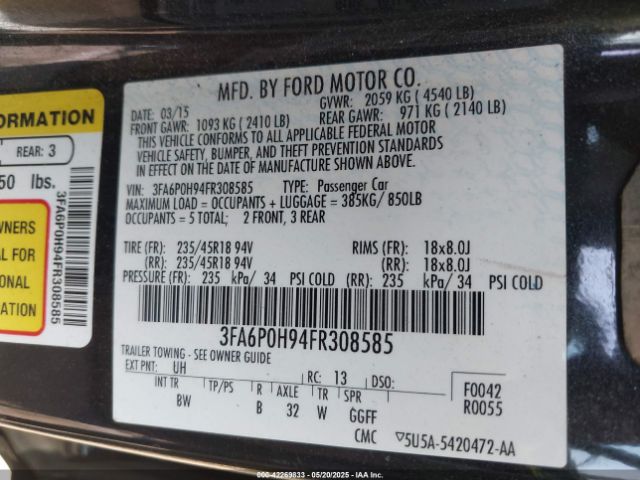 3FA6P0H94FR308585 Ford FUSION SE