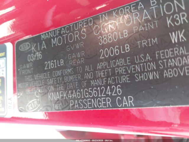 KNAFK4A61G5612426 KIA FORTE LX