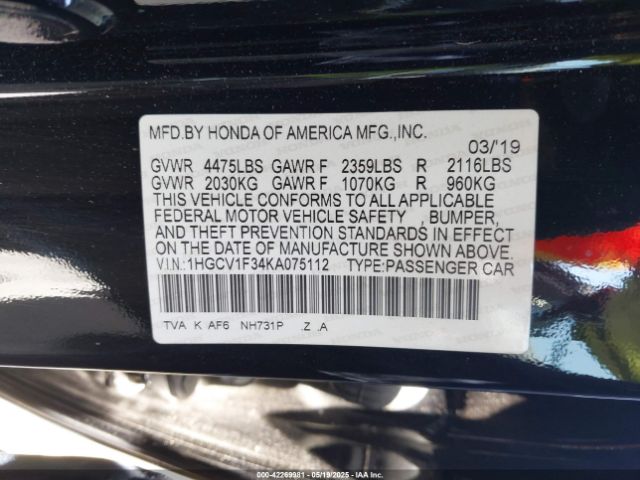 2019 HONDA ACCORD 1HGCV1F34KA075112 Photo 8