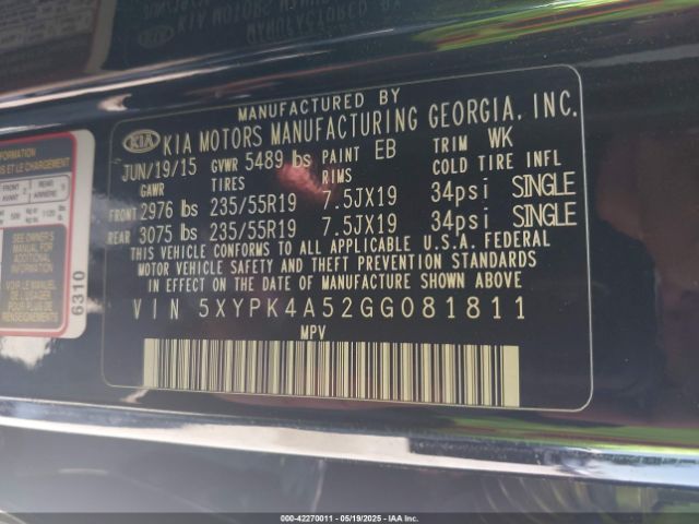 5XYPK4A52GG081811 KIA Sorento 3.3l Sx