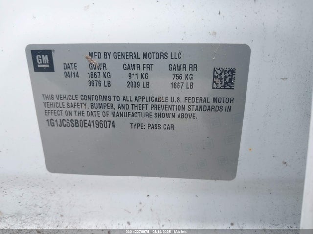 42270075 :رقم المزاد ، 1G1JC6SB0E4196074 vin ، 2014 Chevrolet Sonic Lt Auto مزاد بيع