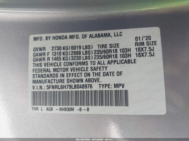 5FNRL6H79LB048976 Honda Odyssey Ex-l/ex-l W/navi   Res