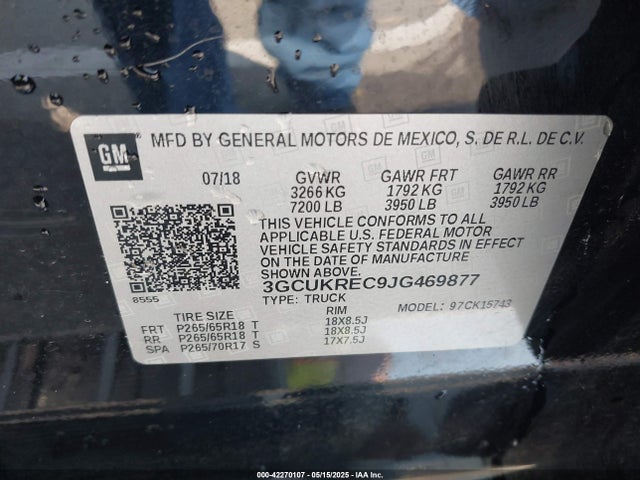 3GCUKREC9JG469877 Chevrolet l83 - sidi: spark ignited direct injection, vvt: variable valve timing, afm, e85 max, alum
