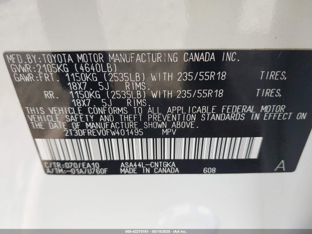 Toyota Rav4 Limited 2015 2T3DFREV0FW401495 Image 9