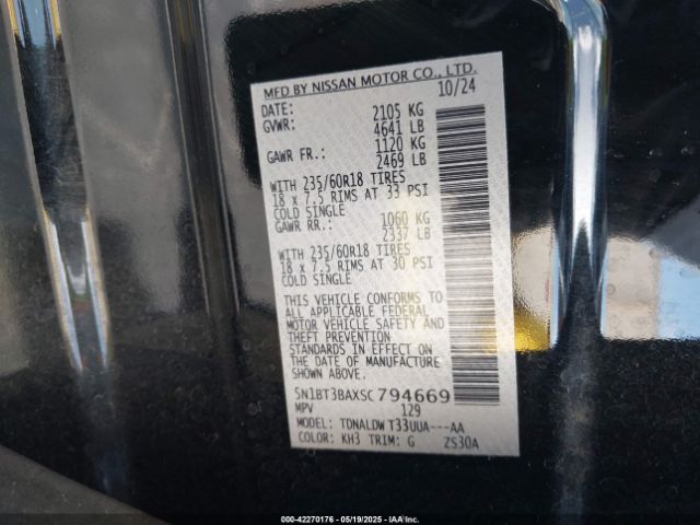 5N1BT3BAXSC794669 Nissan Rogue Sv Fwd