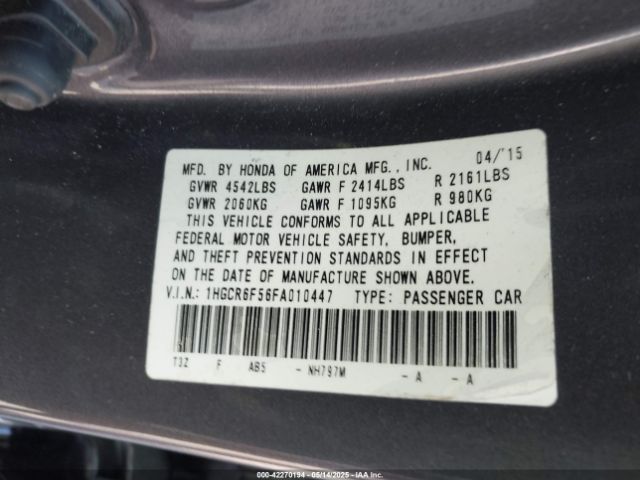 1HGCR6F56FA010447 Honda Accord Hybrid Ex-l