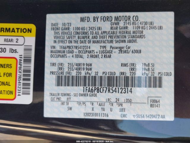 1FA6P8CF7R5412314 Ford Mustang Gt Premium Fastback
