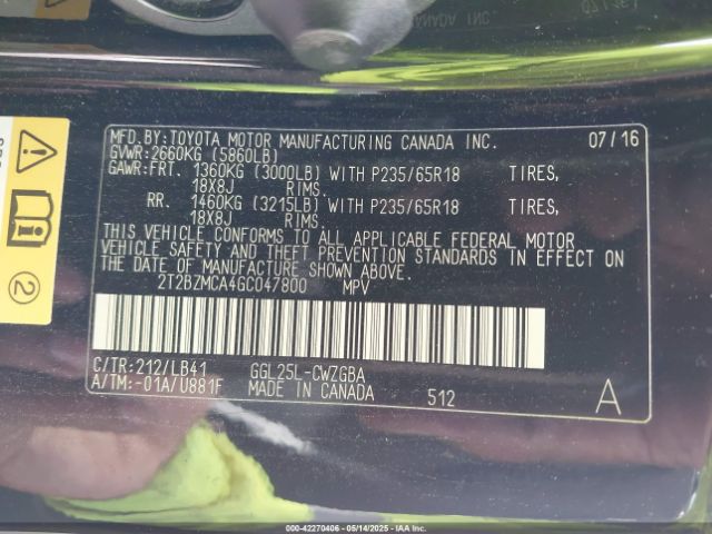 2T2BZMCA4GC047800 Lexus RX