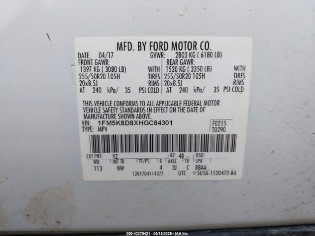 2017 FORD EXPLORER 1FM5K8D8XHGC84301 Photo 8