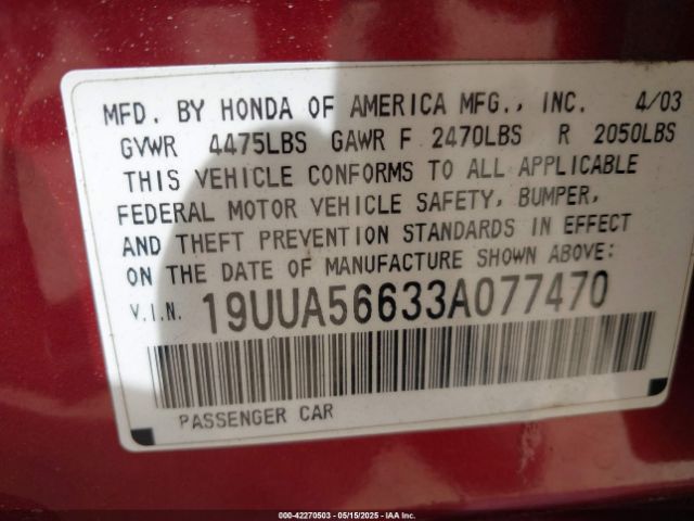 2003 ACURA TL 19UUA56633A077470 Photo 8