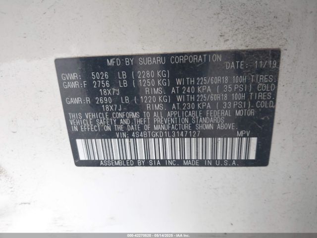 4S4BTGKD1L3147127 Subaru Outback Onyx Edition Xt