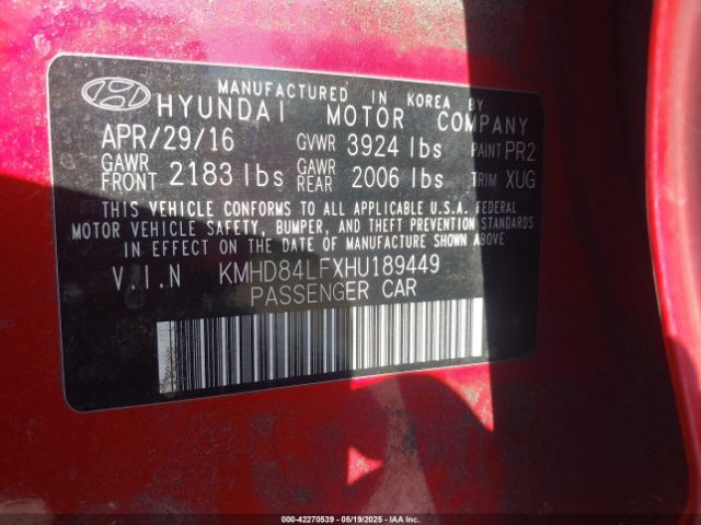KMHD84LFXHU189449 Hyundai ELANTRA SE