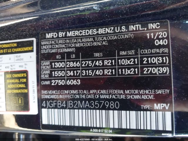 4JGFB4JB2MA357980 Mercedes-Benz m264