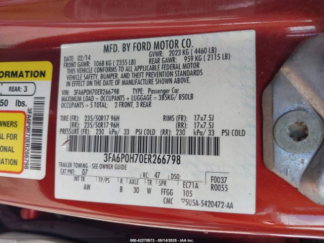 3FA6P0H70ER266798 Ford FUSION SE