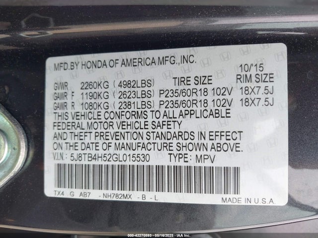 5J8TB4H52GL015530 Acura Rdx Technology   Acurawatch Plus Packages/technology Package