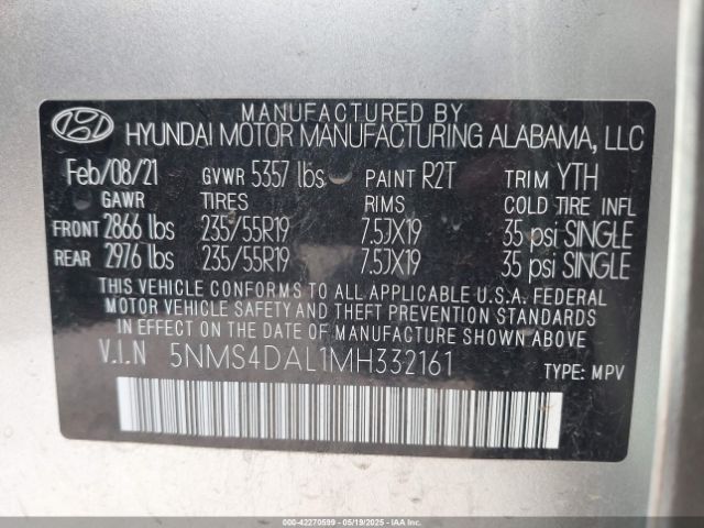 2021 HYUNDAI SANTA FE 5NMS4DAL1MH332161 Photo 8