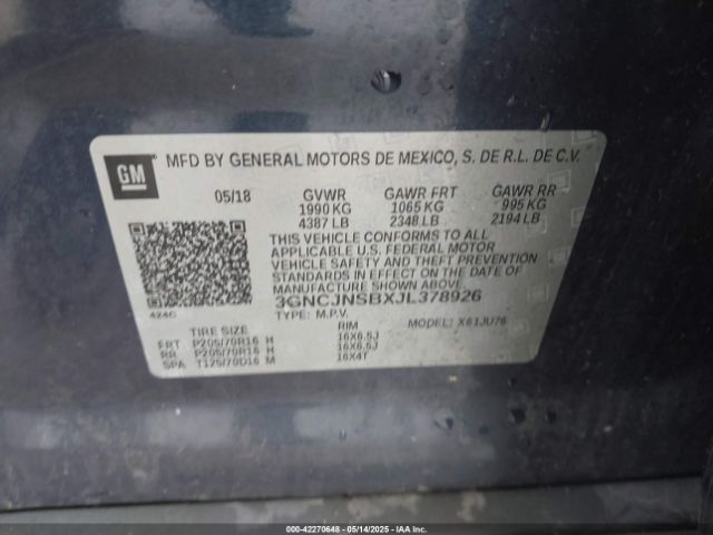 3GNCJNSBXJL378926 Chevrolet TRAX LS