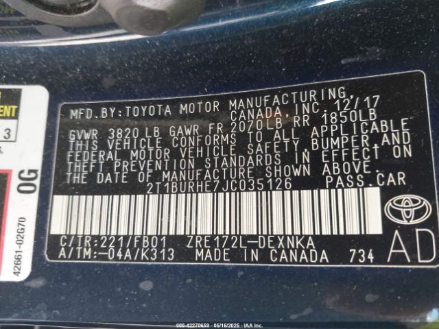 2T1BURHE7JC035126 Toyota COROLLA LE