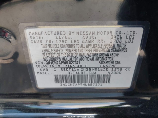 3N1CN7AP9HL827371 Nissan Versa 1.6 Sv