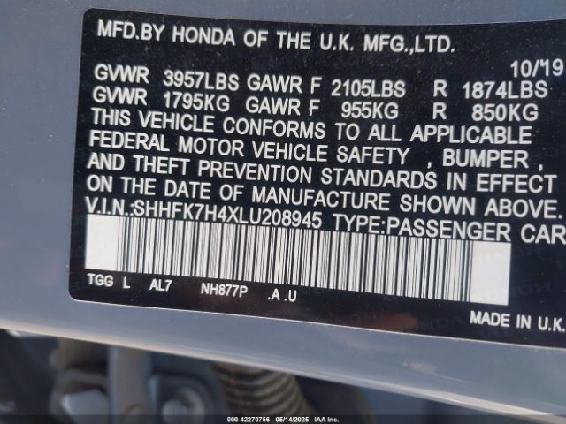 SHHFK7H4XLU208945 Honda Civic Sport