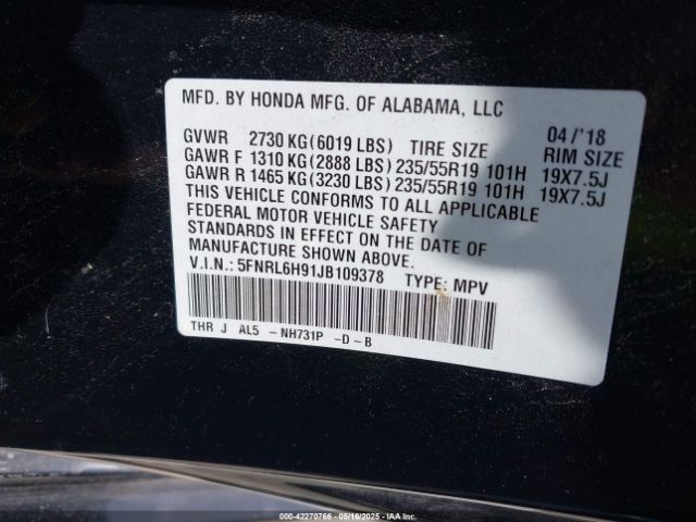 5FNRL6H91JB109378 Honda Odyssey Elite