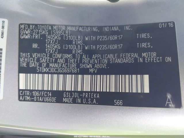 5TDKK3DC3GS697681 Toyota Sienna Le 8 Passenger