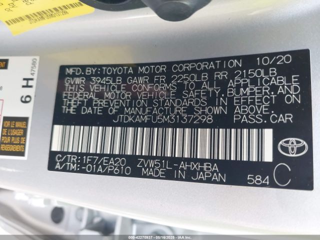 JTDKAMFU5M3137298 Toyota PRIUS XLE