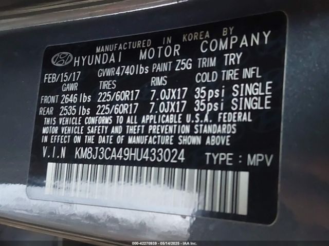 KM8J3CA49HU433024 Hyundai Tucson Se Plus