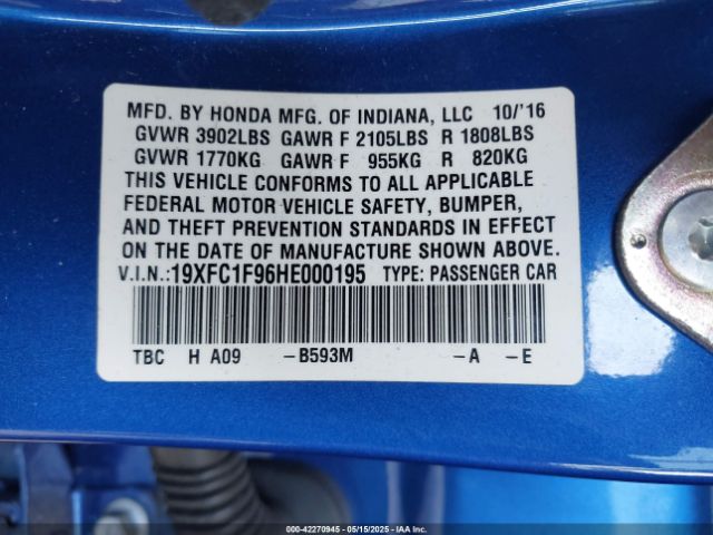 19XFC1F96HE000195 Honda Civic Touring