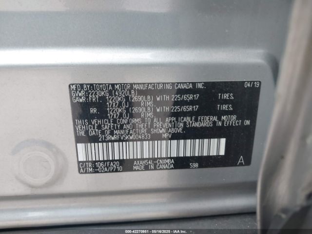 2T3RWRFV5KW004833 Toyota Rav4 Hybrid Xle