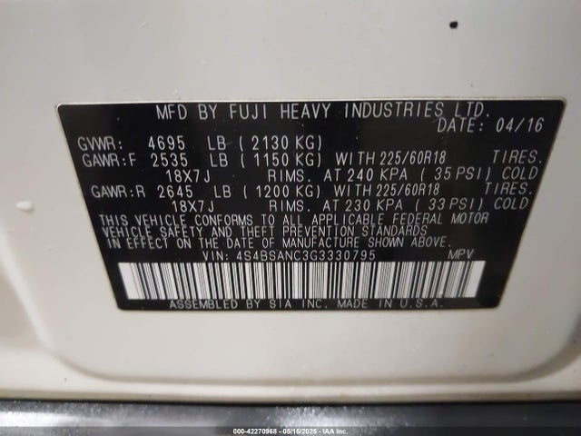 4S4BSANC3G3330795 Subaru 2.5l u5