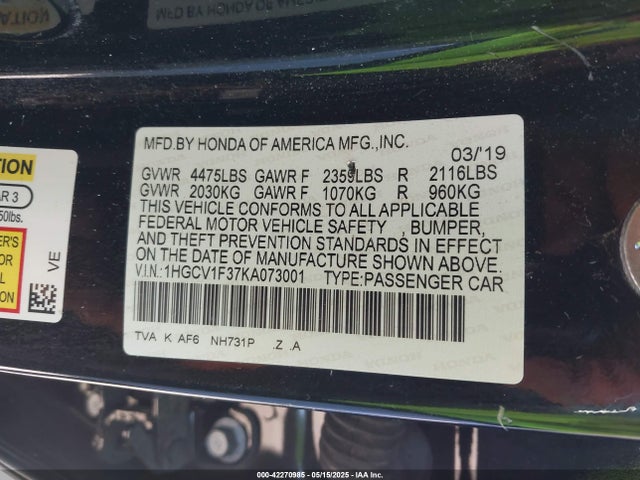 1HGCV1F37KA073001 Honda l15be