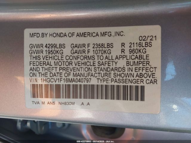 2021 HONDA ACCORD 1HGCV1F16MA040797 Photo 8