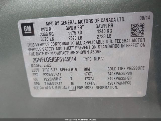 2GNFLGEK5F6145014 Chevrolet Equinox 2lt