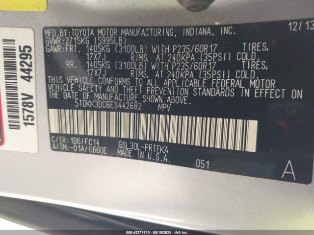 5TDKK3DC6ES442682 Toyota Sienna Le V6 8 Passenger