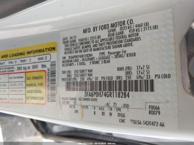3FA6P0H74GR118284 Ford FUSION SE