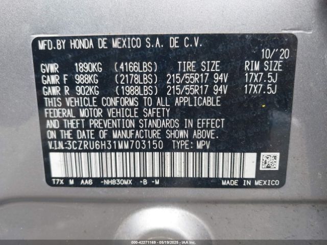 3CZRU6H31MM703150 Honda Hr-v Awd Lx