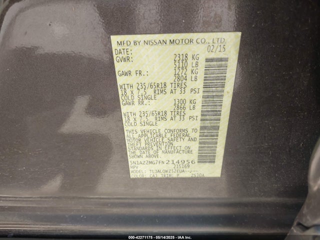 5N1AZ2MG7FN214956 Nissan MURANO SV