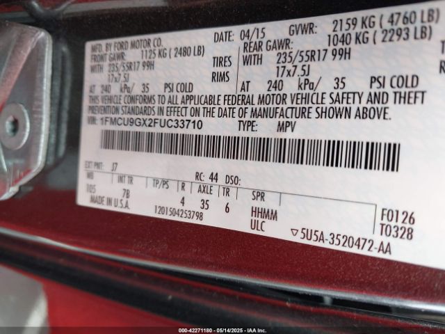 1FMCU9GX2FUC33710 Ford ESCAPE SE