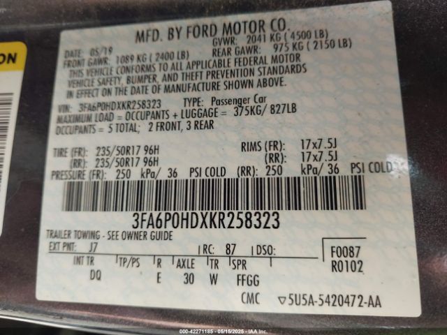 2019 FORD FUSION 3FA6P0HDXKR258323 Photo 8