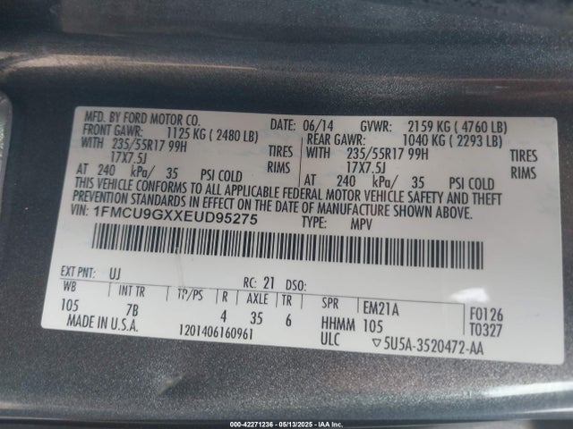 1FMCU9GXXEUD95275 Ford ESCAPE SE