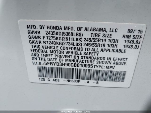 5FRYD3H90GB010095 Acura Mdx Advance   Entertainment Packages/advance Package