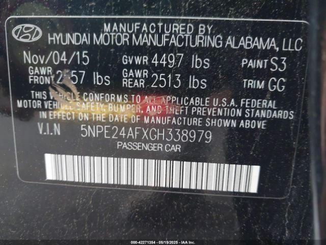 5NPE24AFXGH338979 Hyundai SONATA SE