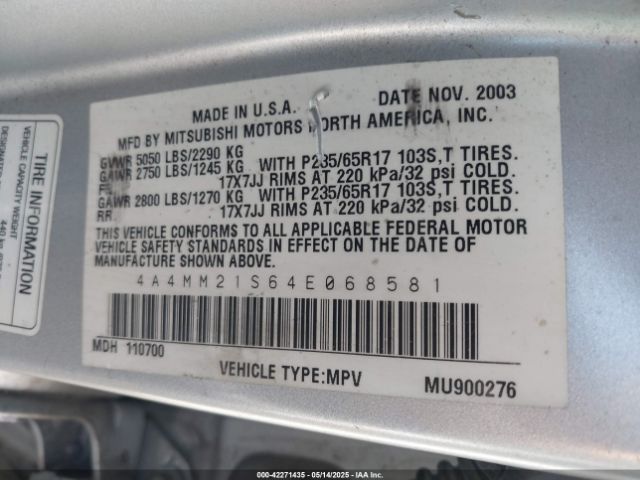 2004 MITSUBISHI ENDEAVOR 4A4MM21S64E068581 Photo 8