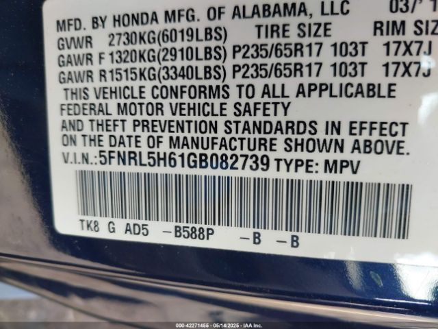 5FNRL5H61GB082739 Honda Odyssey Ex-l