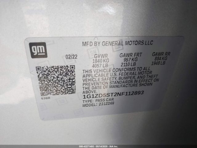 1G1ZD5ST2NF112893 Chevrolet Malibu Fwd Lt