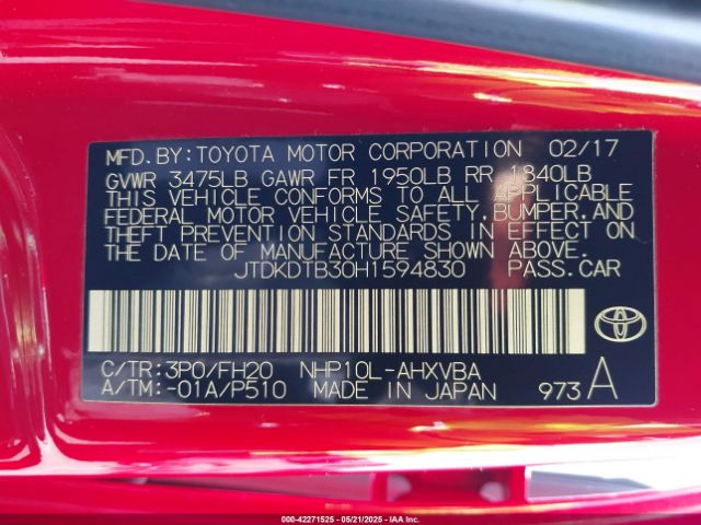 JTDKDTB30H1594830 Toyota 1nz-fxe+1lm